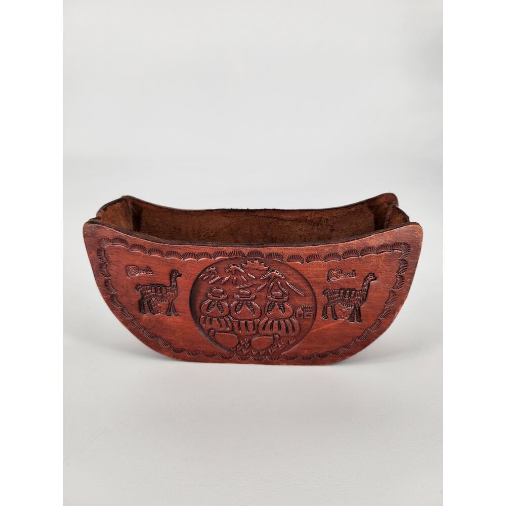 Genuine Peruvian Tooled Leather Coaster Set with Holder - Picture 5 of 12